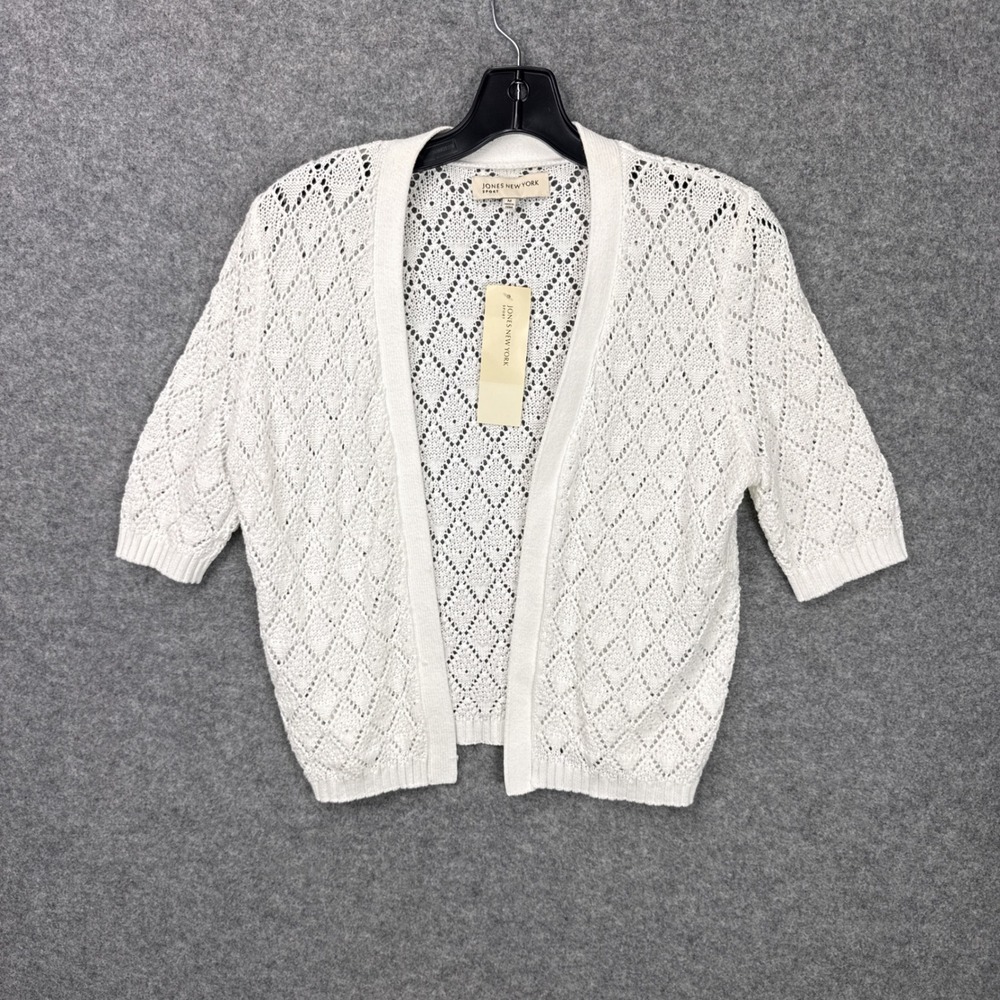 Jones‎ New York Sport Crochet Sweater Cardigan M White Cotton Pointelle Knit NWT